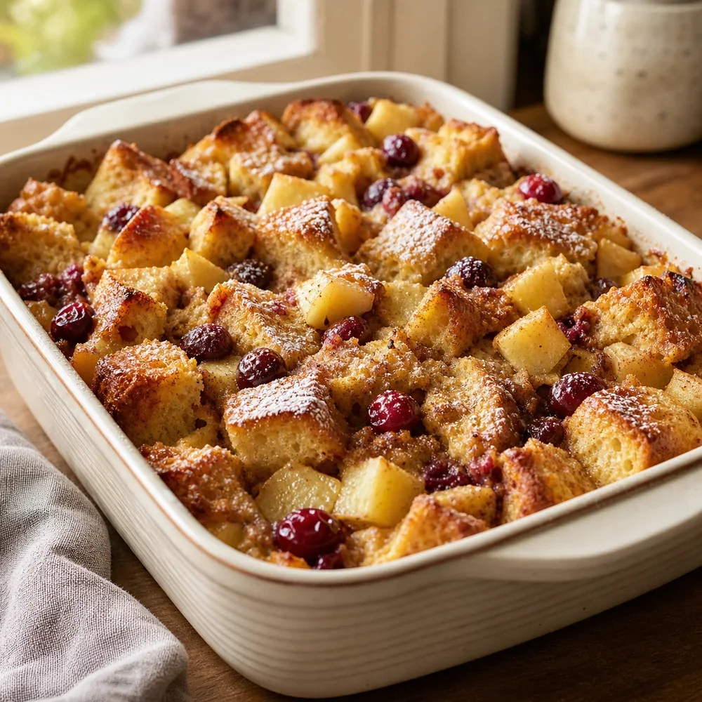 Finished apple cranberry bread pudding in a baking dish
