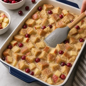 Soaked bread pudding mixture pressed before baking