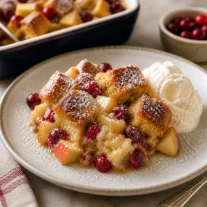 Warm serving of apple cranberry bread pudding with vanilla ice cream