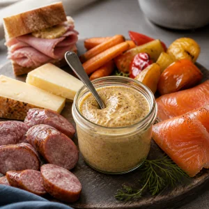 Apple horseradish mustard served with sausage, cheese, smoked fish, and roasted vegetables