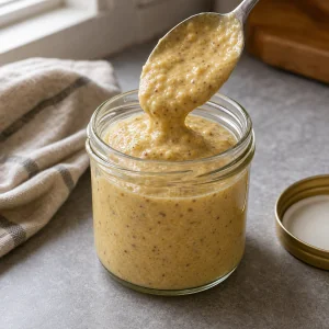 Apple horseradish mustard spooned into a clean glass jar