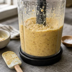 Apple mustard blending to a thick texture with visible mustard seeds
