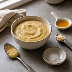 Bowl of apple mustard with salt, honey, and horseradish for seasoning