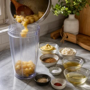 Cooked apple mixture added to a blender with mustard ingredients