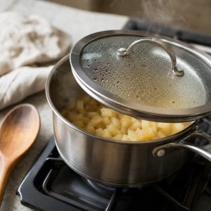 Covered saucepan steaming as diced apples soften