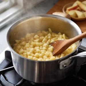 Diced apples steaming in a saucepan with a wooden spoon