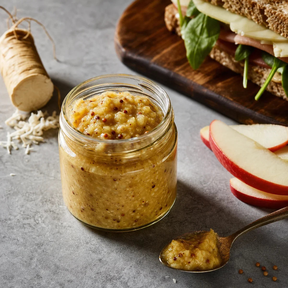 Jar of apple horseradish mustard with apple slices and horseradish