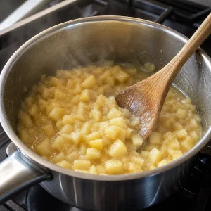 Tender apples stirred in an uncovered saucepan as liquid reduces