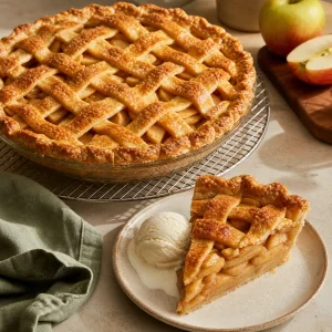 Finished lattice apple pie cooled and sliced for serving.