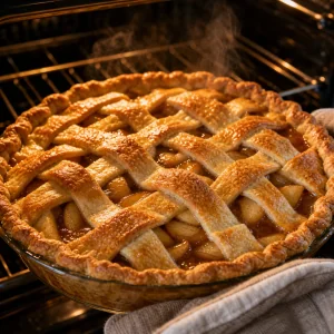 Golden apple pie baking with bubbling filling under the lattice crust.