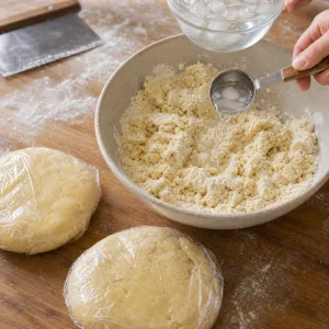 Ice water added to crumbly pie dough before shaping chilled disks.