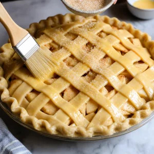 Lattice pie crust brushed with egg wash before baking.
