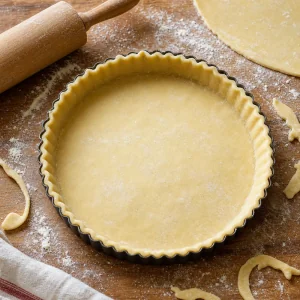Rolled pie dough fitted into a fluted pie dish.