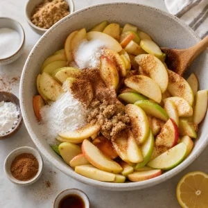 Sliced apples tossed with sugar and warm spices for pie filling.