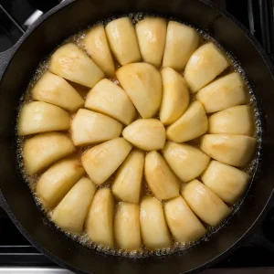 Apple wedges arranged in tight circles in caramel