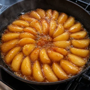 Apple wedges bubbling in amber caramel in a skillet