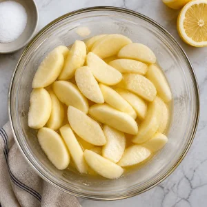 Apple wedges resting with lemon juice and sugar in a bowl