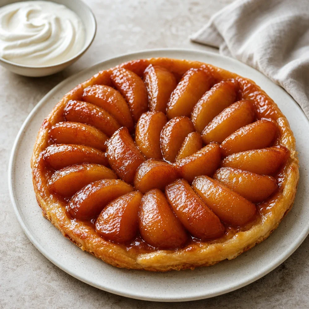 Finished apple tarte tatin with glossy caramelized apples