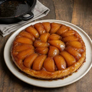 Freshly inverted apple tarte tatin on a serving plate