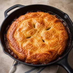 Golden puff pastry baked over the tart in the skillet