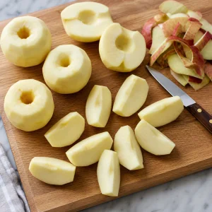Peeled apples cut into thick wedges on a cutting board