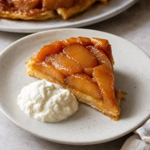 Slice of apple tarte tatin served with cream