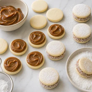 Alfajores garnis de dulce de leche puis roulés dans la noix de coco