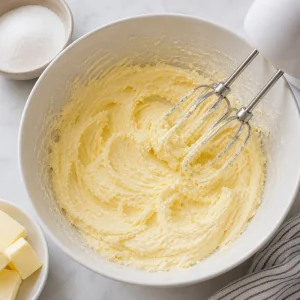 Beurre et sucre battus en crème dans un bol