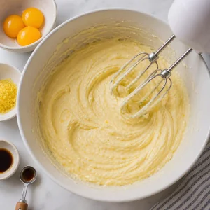 Jaunes d’œufs et zeste de citron incorporés à la base de pâte