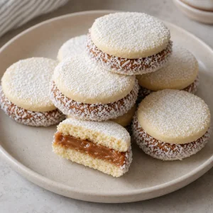 Alfajores terminés garnis de dulce de leche et roulés dans la noix de coco