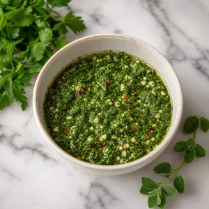 Schale mit frischem gruenem Chimichurri, gehackten Kraeutern, Knoblauch und Chili