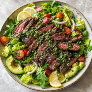 Chimichurri steak salad with tomatoes, red onion, avocado, and lemon wedges