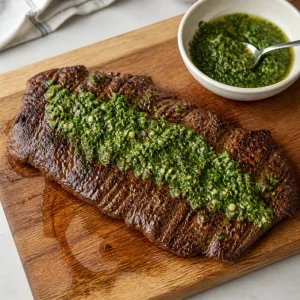 Gegrilltes Skirt Steak ruht auf einem Brett mit Chimichurri darauf