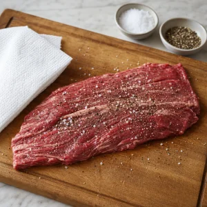 Rohes Skirt Steak mit Salz und schwarzem Pfeffer auf einem Brett