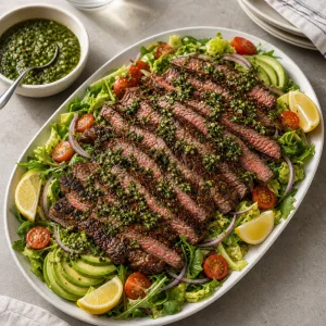 Servierter Steaksalat mit Chimichurri, Zitronenspalten und extra Sauce