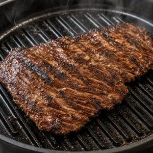 Skirt Steak braeunt kraeftig in einer heissen Grillpfanne