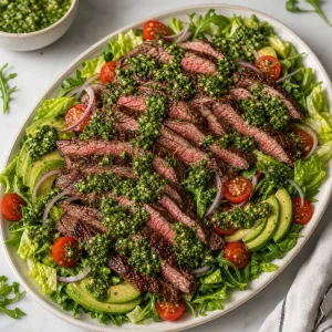 Aufgeschnittenes gegrilltes Steak auf Salat mit Chimichurri darueber