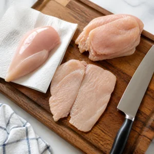 Petti di pollo preparati su un tagliere con carta da cucina e coltello