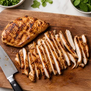 Pollo grigliato tagliato a strisce sottili su un tagliere