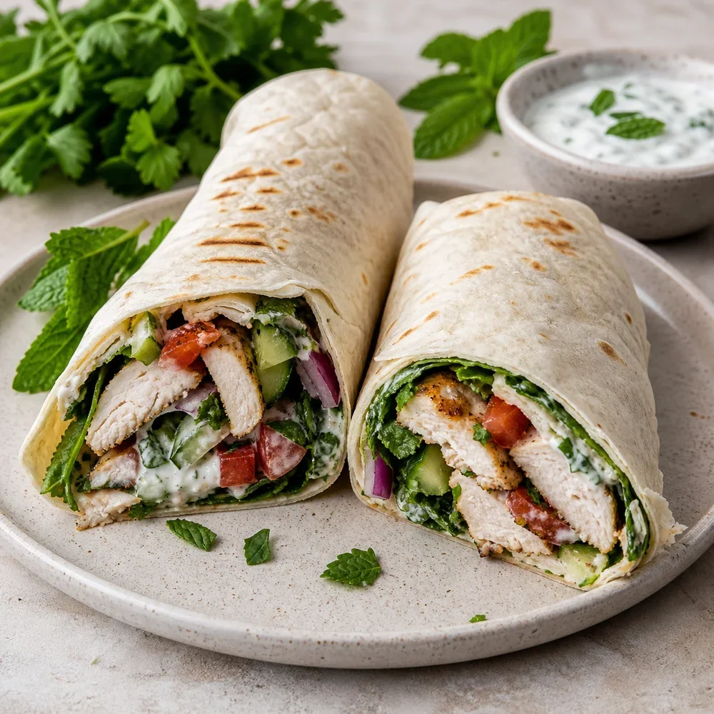 Wrap di lavash con pollo tagliati a metà con erbe e salsa allo yogurt