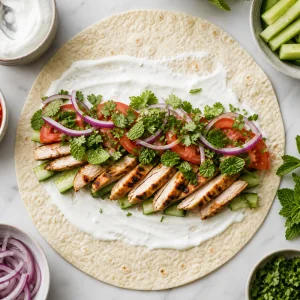 Lavash aperto con salsa allo yogurt, pollo, verdure ed erbe