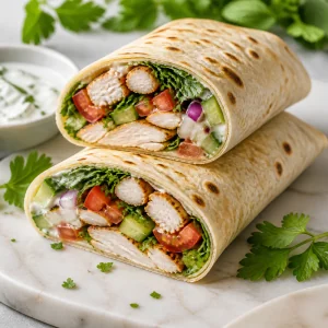Wrap di lavash con pollo arrotolato e tagliato a metà con ripieno visibile