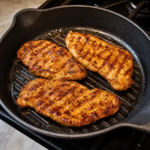 Fettine di pollo condite che si dorano in una bistecchiera