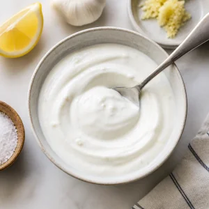 Salsa allo yogurt liscia in una ciotola con limone e aglio accanto