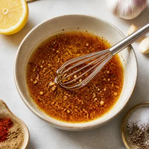 Marinata speziata con limone e olio d’oliva in una ciotola con frusta