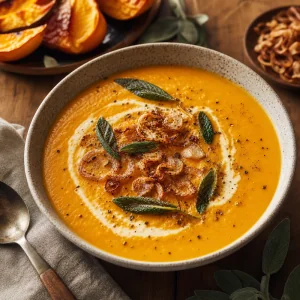 Soupe de Courge Butternut Aromatique à la Sauge et Échalotes Croustillantes