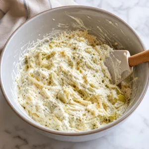 Creamy artichoke cheese filling mixed with garlic parmesan mozzarella and black pepper