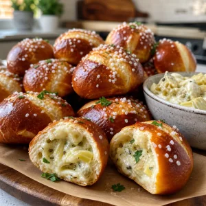 Bocconcini di pretzel ripieni di dip ai carciofi con ripieno cremoso e prezzemolo