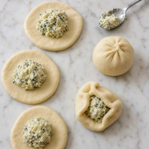 Flattened pretzel dough circles filled with creamy artichoke dip and pinched closed
