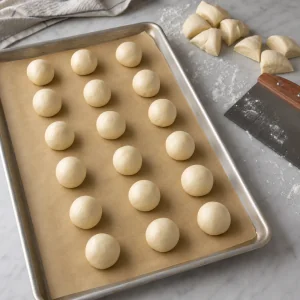 Pretzel dough divided into small equal balls on parchment for stuffed pretzels